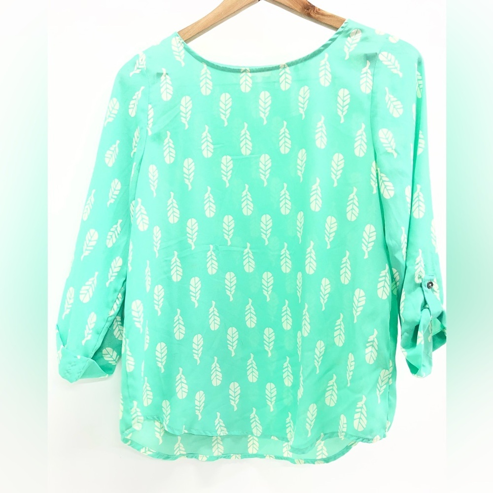 Pixley Mint Green Feather-Print Roll-Sleeve Blouse boho